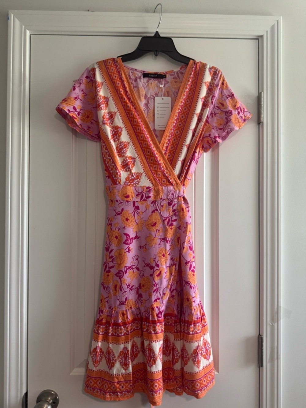 Floral Wrap Midi Dress in Pink and Orange - Picture 3 of 6